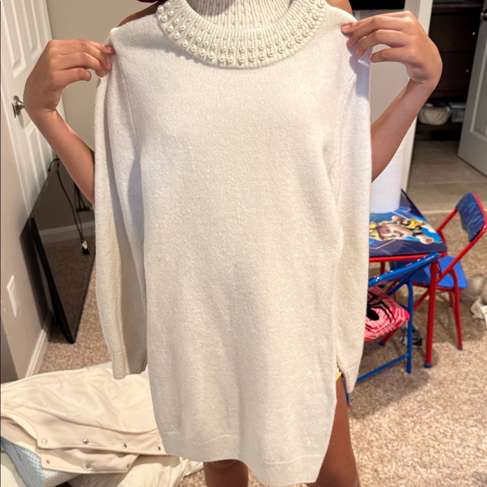 H&M White Long Sleeve Dress with Pearl Detail